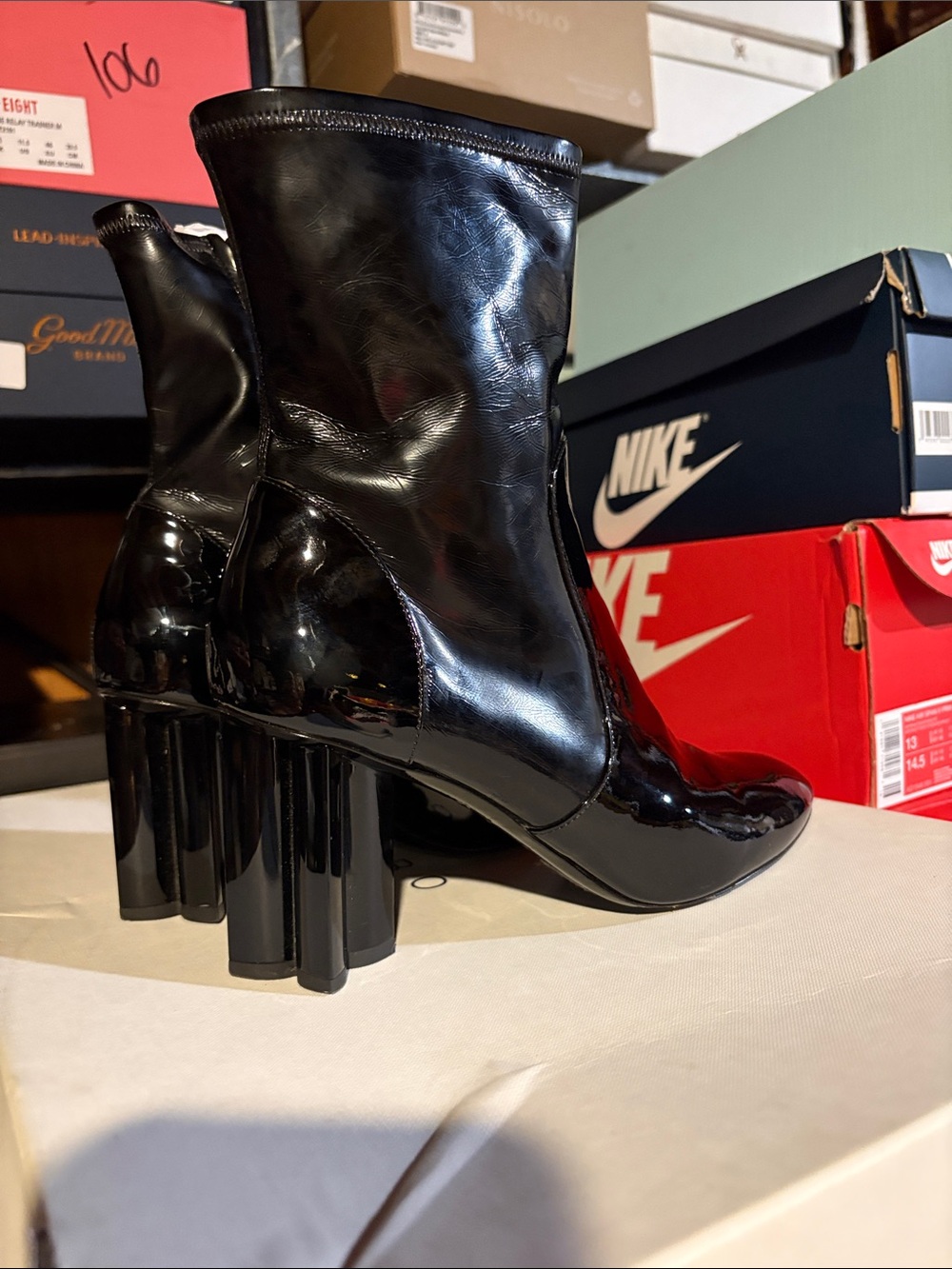 Black Patent Mid-Calf Block Heel Boots - Picture 12 of 13